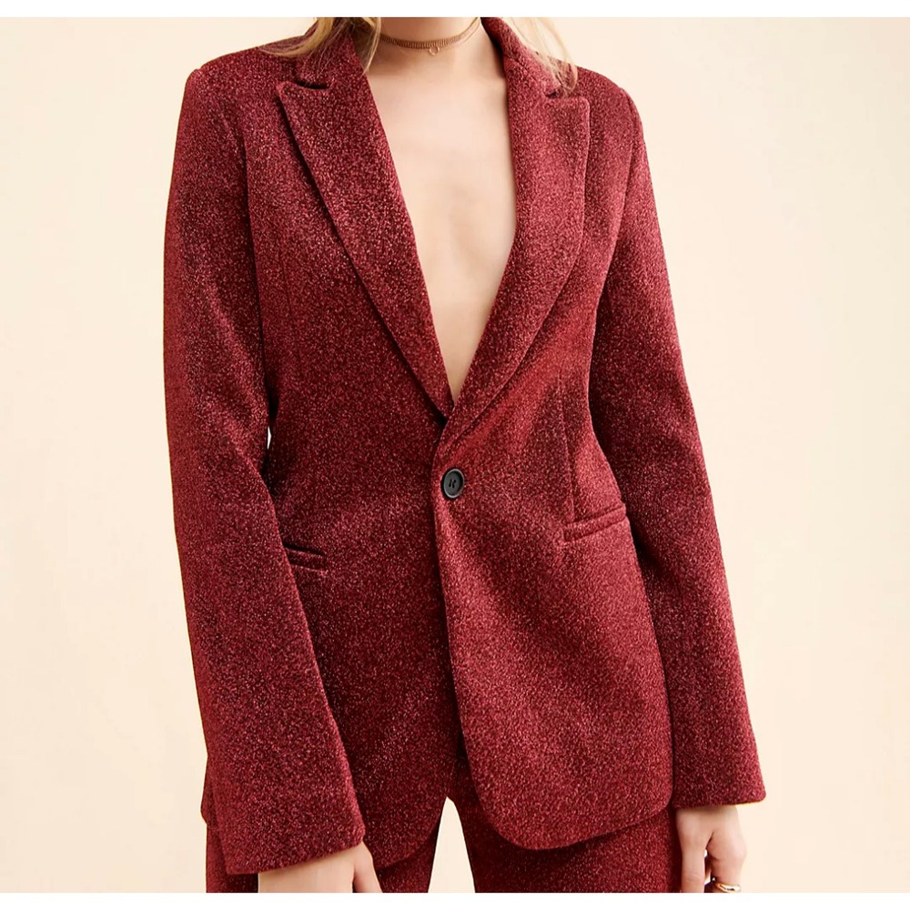 Anthropologie Audette Seventeen Jacket Womens L Blazer Burgundy Metallic $218